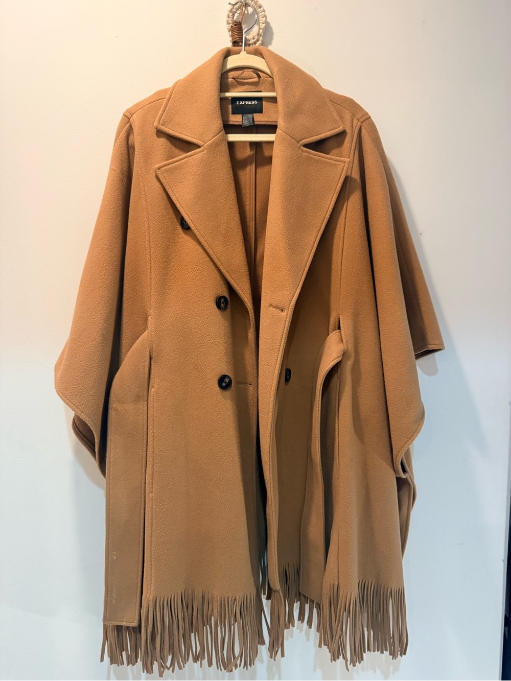 Express Tan Wool-Blend Fringe Cape Coat